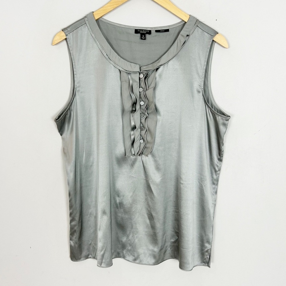 Talbots Gray Silk Stretch Sleeveless Blouse with Ruffle Size 10 Women's